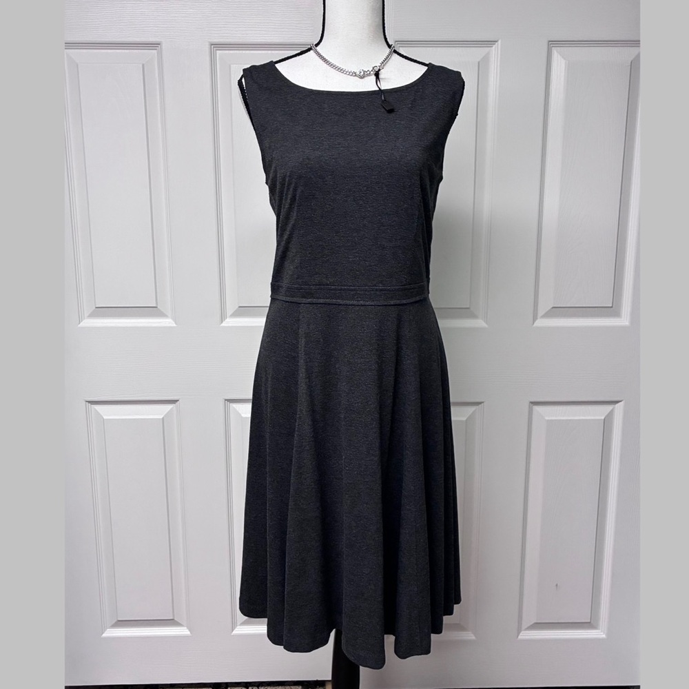 LOFT Sleeveless A-Line Dress, banded fitted waist, Charcoal, Grey, 8